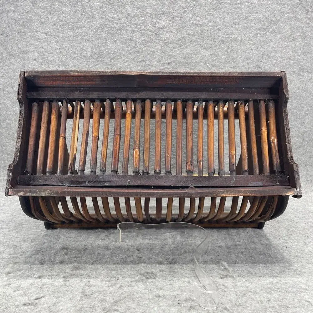 VTG Mid Century Modern Burnt Rattan Tortoise Tiger Bamboo Magazine Rack Basket